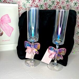 Pink Bow Ribbon Coquette Iridescent Glass Champagne Flute Glasses Set of 2 NWT